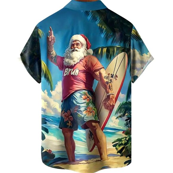 Men's 2XL Christmas Surfing Santa Hawaiian Shirt Button-Up Shirt w Pocket #F - Picture 2 of 4
